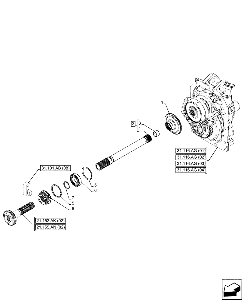 Схема запчастей Case IH PUMA 165 CVT - (31.116.AL[03]) - VAR - 758023 - PTO 540E/1000/1000E RPM, W/ GROUND SPEED, REAR, SHAFT (31) - IMPLEMENT POWER TAKE OFF