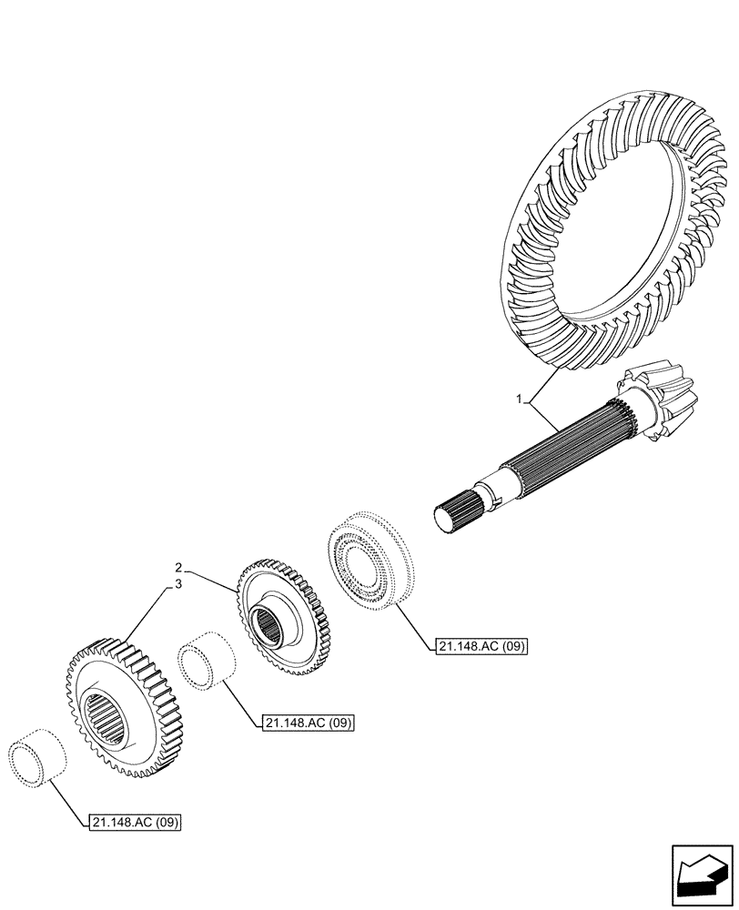 Схема запчастей Case IH PUMA 150 CVT - (21.148.AC[05]) - VAR - 391139, 758024, 758031 - TRANSMISSION, REAR, GEARS & SHAFT, BEVEL PINION, CVT (21) - TRANSMISSION