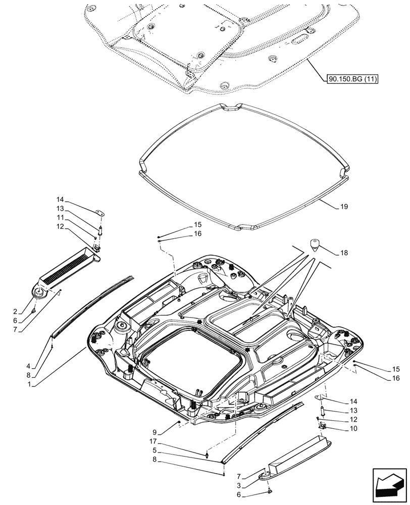 Схема запчастей Case IH PUMA 200 - (90.150.BG[12]) - VAR - 338305, 338309, 338313, 338315 - ROOF LINING, W/ HIGH VISIBILITY PANEL, W/ AUTOGUIDANCE (90) - PLATFORM, CAB, BODYWORK AND DECALS