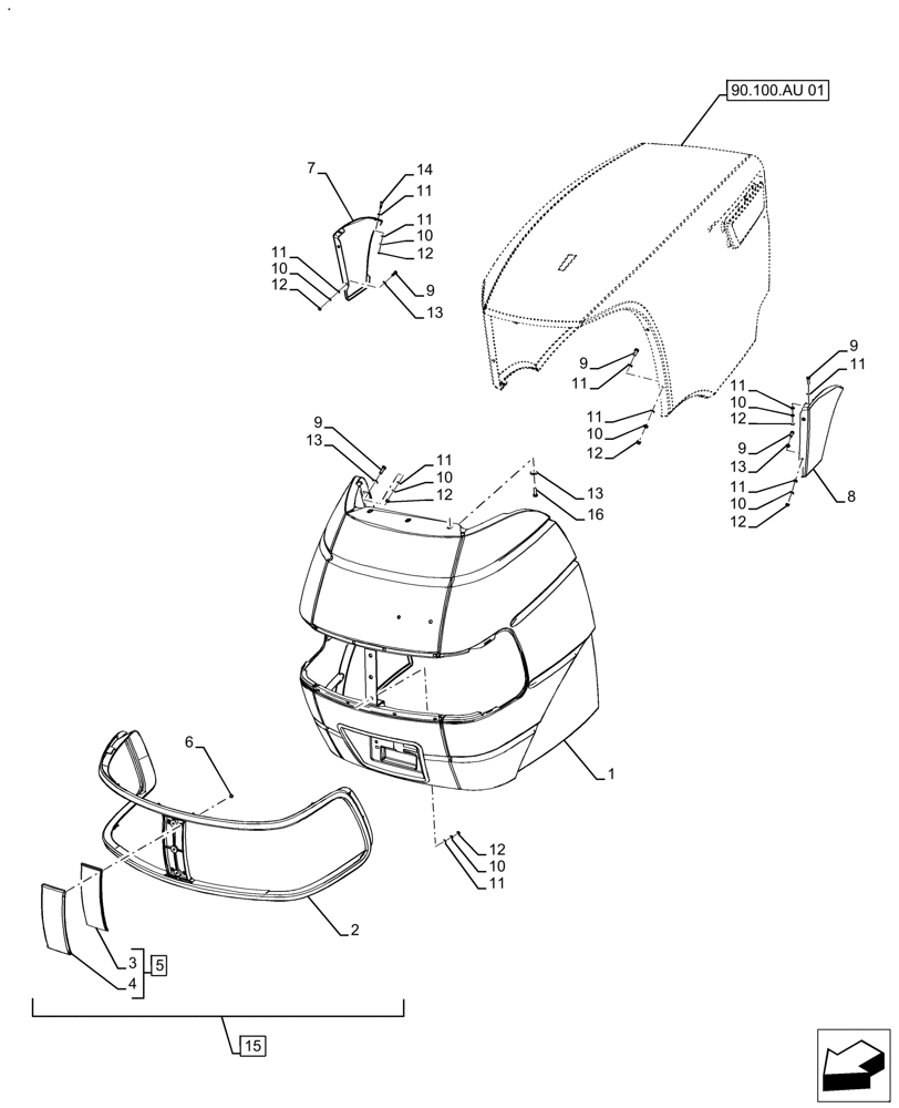 Схема запчастей Case IH FARMALL 110A - (90.100.AU[02]) - VAR - 391610, 393315 - HOOD, GRILLE, SIDE PANEL (90) - PLATFORM, CAB, BODYWORK AND DECALS