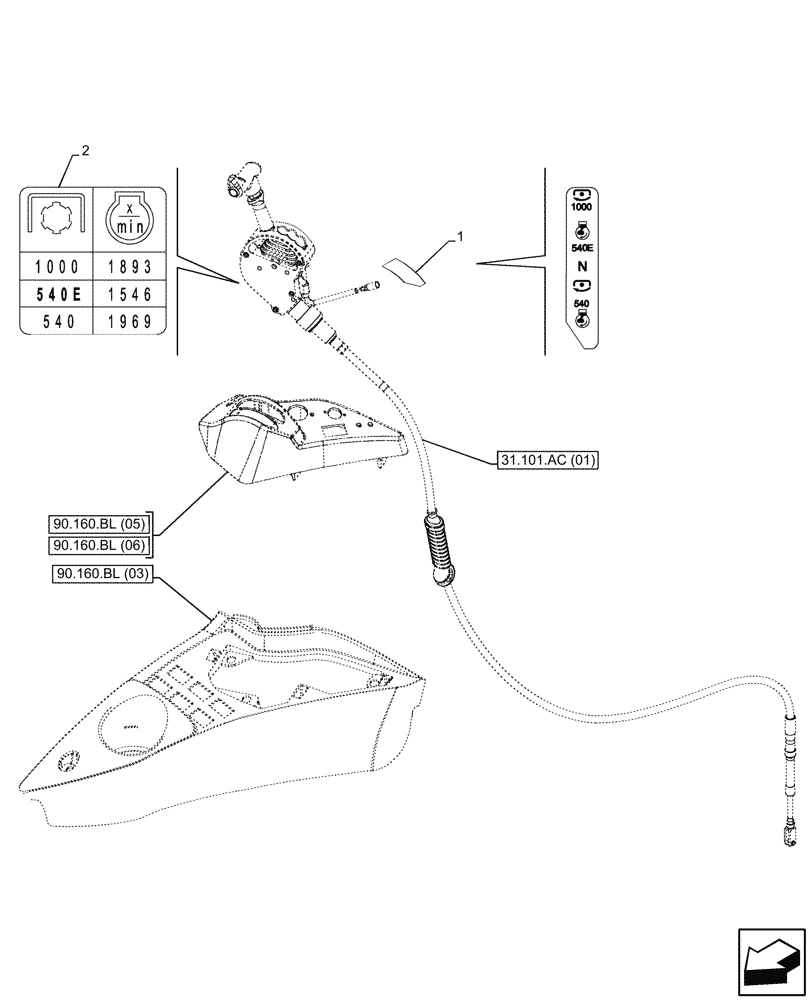 Схема запчастей Case IH PUMA 165 CVT - (90.108.AA[19]) - VAR - 391139 - DECAL, CONTROL LEVER, PTO 540/540E/1000 RPM (90) - PLATFORM, CAB, BODYWORK AND DECALS
