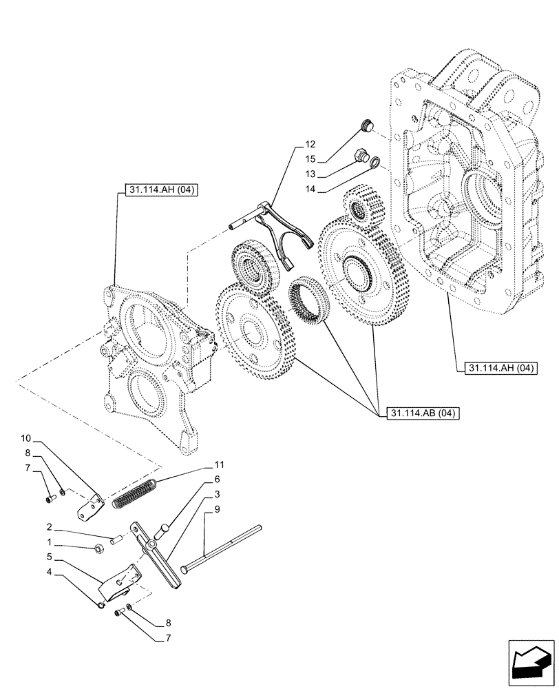 Схема запчастей Case IH PUMA 185 CVT - (31.114.AO[04]) - VAR - 338184, 758032 - PTO 540E/1000 RPM, SELECTOR (31) - IMPLEMENT POWER TAKE OFF