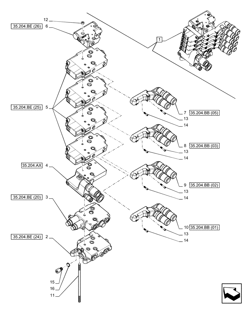 Схема запчастей Case IH PUMA 165 CVT - (35.204.BQ[16]) - VAR - 758060 - 4 REMOTE CONTROL VALVES (EHR W/PB), COMPONENTS (35) - HYDRAULIC SYSTEMS