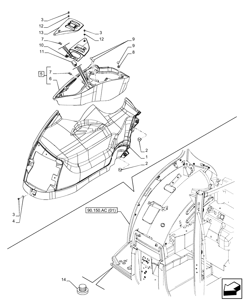 Схема запчастей Case IH PUMA 165 CVT - (90.160.BL[01]) - VAR - 391164, 758057 - CAB INTERIOR TRIM, RIGHT SIDE (90) - PLATFORM, CAB, BODYWORK AND DECALS
