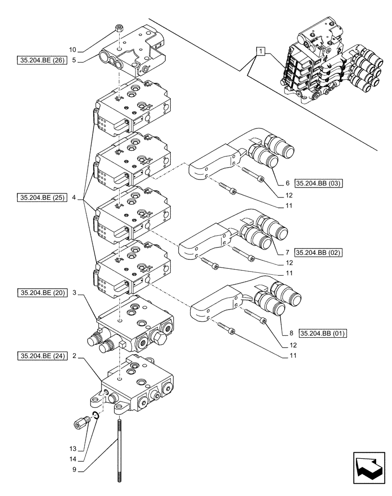 Схема запчастей Case IH PUMA 165 CVT - (35.204.BQ[14]) - VAR - 758060 - 4 REMOTE CONTROL VALVES (EHR), COMPONENTS (35) - HYDRAULIC SYSTEMS
