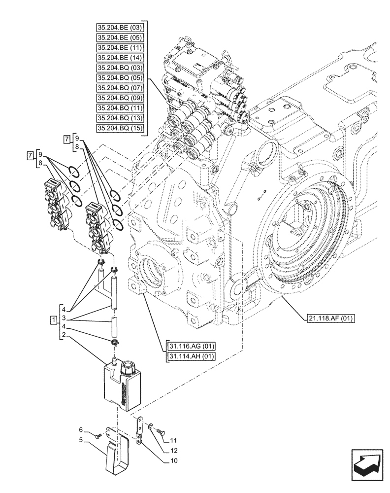 Схема запчастей Case IH PUMA 165 CVT - (35.204.BW[02]) - VAR - 391164, 758057, 758059, 758060 - 3 REMOTE CONTROL VALVES, RESERVOIR (35) - HYDRAULIC SYSTEMS