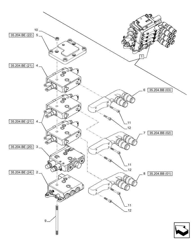 Схема запчастей Case IH PUMA 165 CVT - (35.204.BE[12]) - VAR - 391164 - 3 REMOTE CONTROL VALVES (MHR), COMPONENTS (35) - HYDRAULIC SYSTEMS