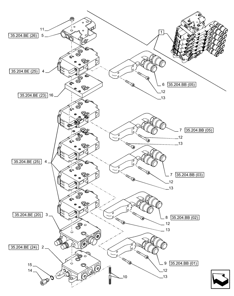 Схема запчастей Case IH PUMA 165 CVT - (35.204.BQ[18]) - VAR - 758061 - 5 REMOTE CONTROL VALVES (EHR), COMPONENTS (35) - HYDRAULIC SYSTEMS