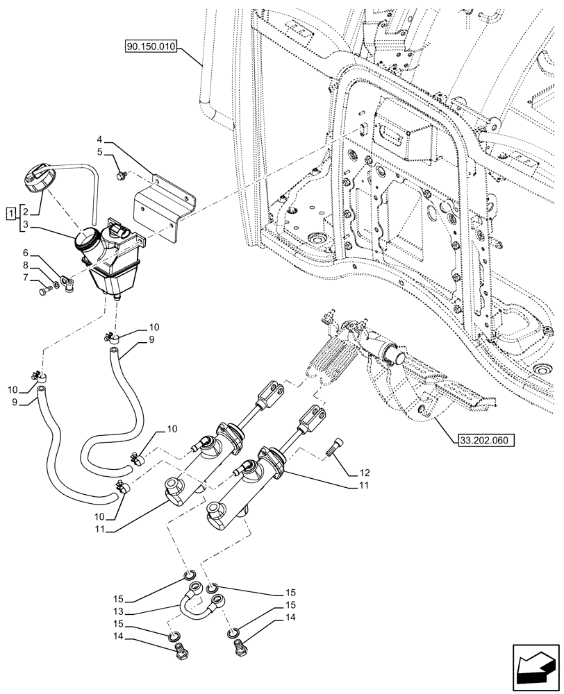 Схема запчастей Case IH FARMALL 110U - (33.202.010) - VAR - 331444, 332147, 336730, 339434 - BRAKE RESERVOIR, BRAKE CYLINDER (33) - BRAKES & CONTROLS