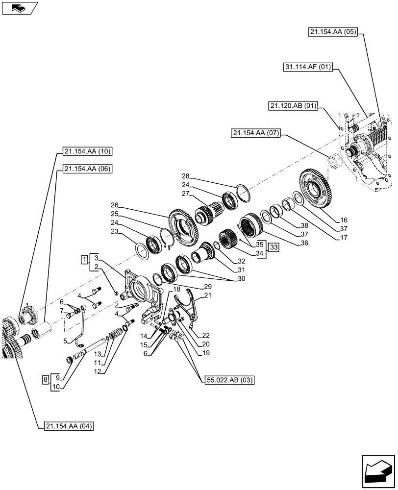 Схема запчастей Case IH FARMALL 105U - (21.154.AA[09]) - VAR - 334114 - REDUCTION UNIT CONTROL - HYDR. CREEPER (21) - TRANSMISSION