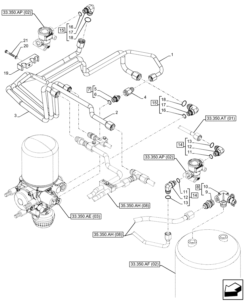 Схема запчастей Case IH PUMA 200 - (33.350.AG[04]) - VAR - 337479, 337480 - ANTILOCK BRAKING SYSTEM (ABS), AIR RESERVOIR, LINE (33) - BRAKES & CONTROLS