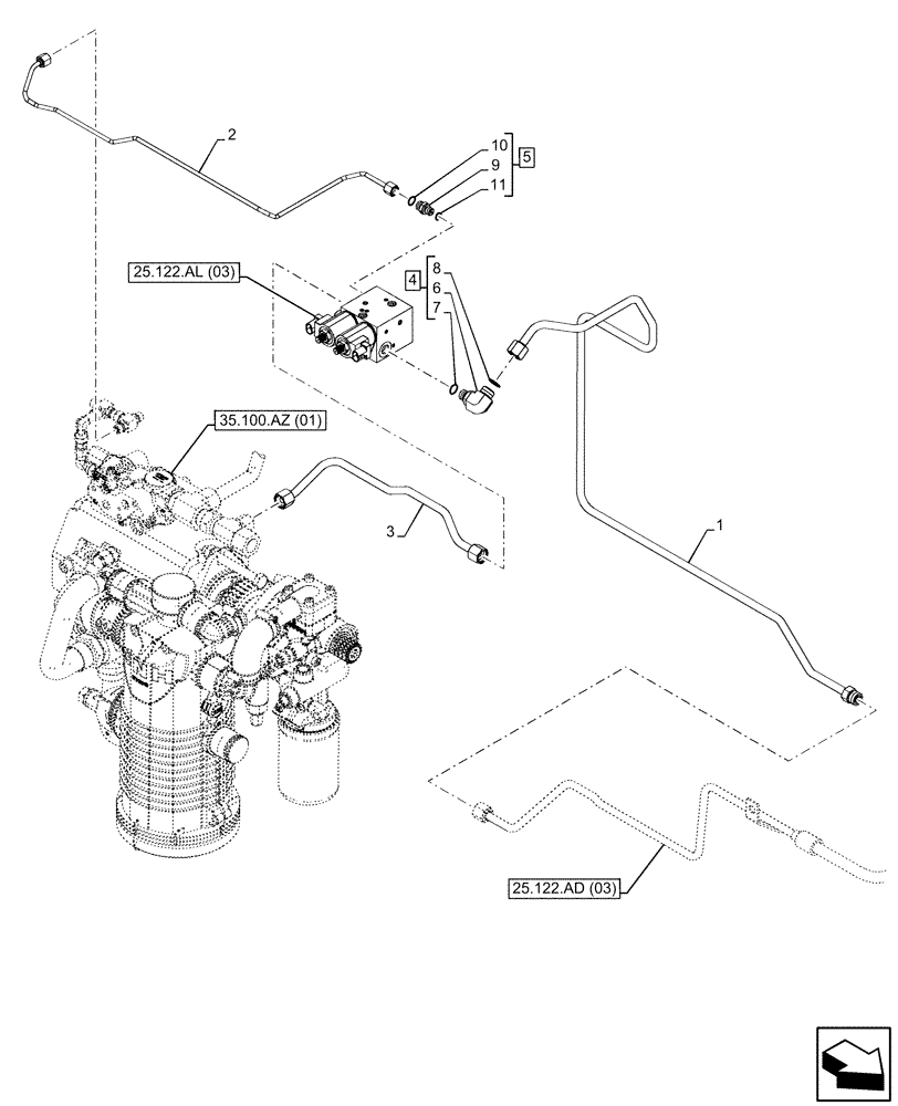 Схема запчастей Case IH PUMA 185 CVT - (25.122.AD[04]) - VAR - 337416, 758048, 758049 - SUSPENDED FRONT AXLE, CYLINDER, LINE, CVT (25) - FRONT AXLE SYSTEM