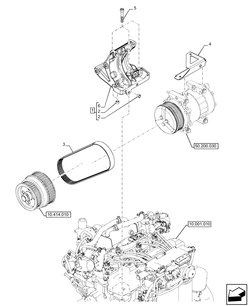 Схема запчастей Case IH FARMALL 120U - (50.200.010) - VAR - 758304, 758305, 758308 - A/C COMPRESSOR, SUPPORT, BELT (50) - CAB CLIMATE CONTROL
