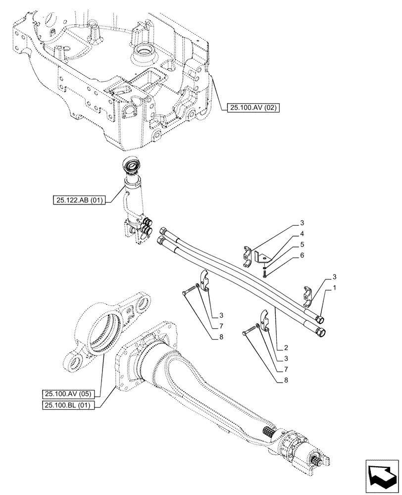 Схема запчастей Case IH PUMA 150 CVT - (25.122.AD) - VAR - 758045, 758046 - SUSPENDED FRONT AXLE, CYLINDER, LINE (25) - FRONT AXLE SYSTEM