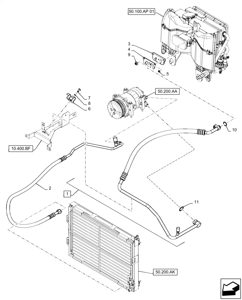 Схема запчастей Case IH FARMALL 75C - (50.200.AB) - VAR - 334183, 334211, 391606, 743496, 743573, 744588 - AIR CONDITIONER, COMPRESSOR, LINE (50) - CAB CLIMATE CONTROL