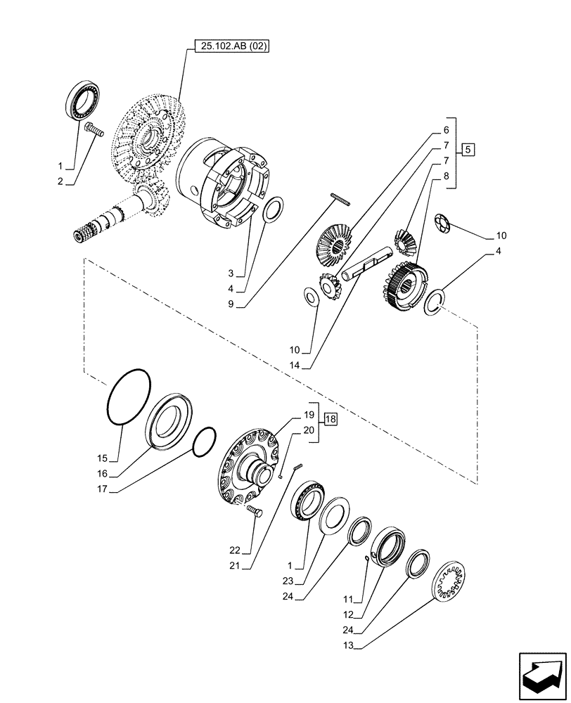 Схема запчастей Case IH PUMA 150 - (25.102.AD[02]) - VAR - 758045 - SUSPENDED FRONT AXLE, DIFFERENTIAL (25) - FRONT AXLE SYSTEM