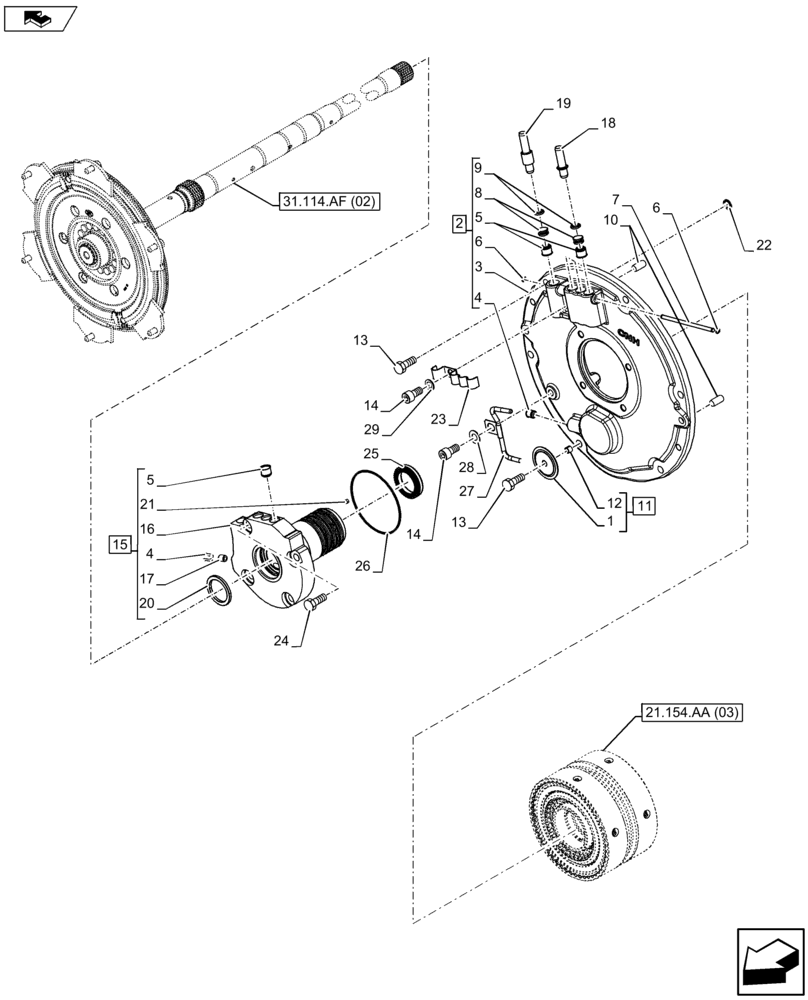 Схема запчастей Case IH FARMALL 115U - (21.154.AA[02]) - VAR - 334114, 390430 - DRIVE TRAIN OF GEAR HI-LO (21) - TRANSMISSION