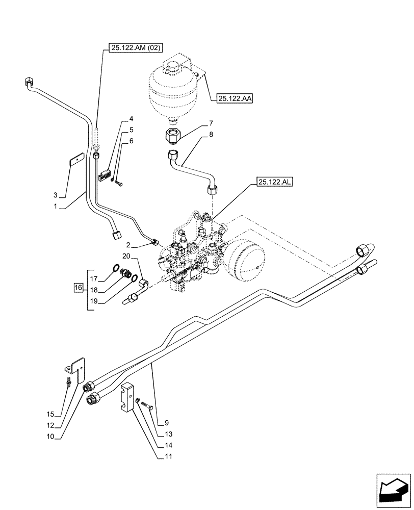 Схема запчастей Case IH PUMA 150 - (25.122.AM[01]) - VAR - 758045, 758046 - SUSPENDED FRONT AXLE - HYD CONTROL VALVE, LINE, PWS (25) - FRONT AXLE SYSTEM