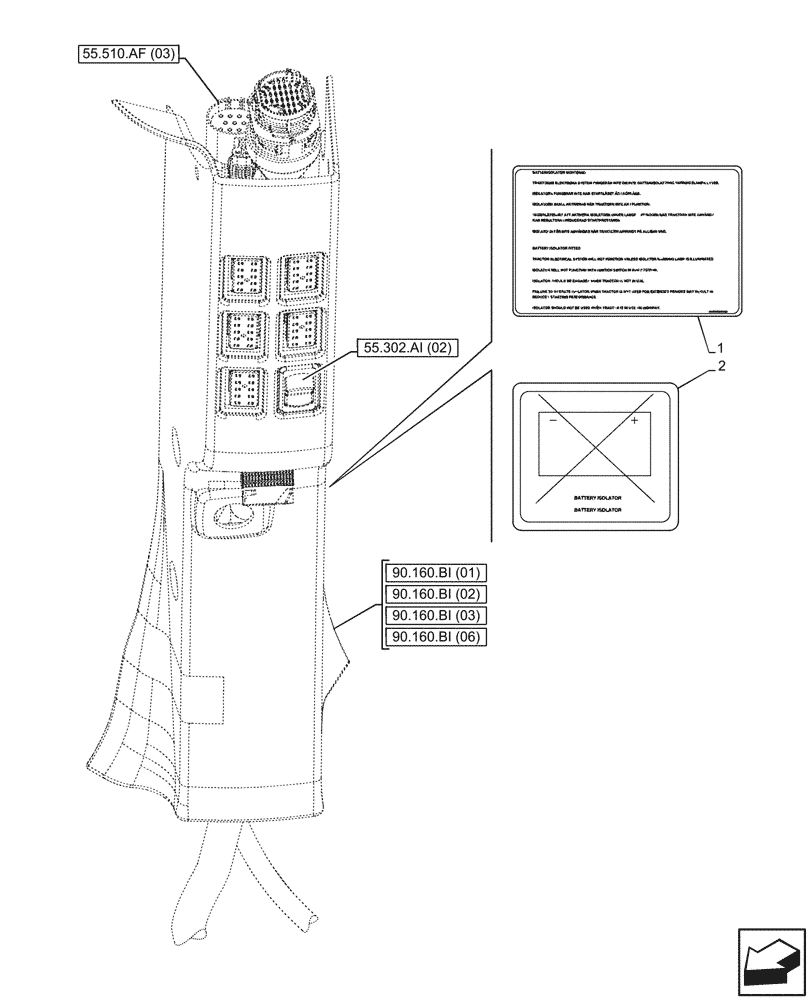 Схема запчастей Case IH PUMA 165 CVT - (90.108.AA[28]) - VAR - 391130 , 392753, 758000 - BATTERY ISOLATOR (90) - PLATFORM, CAB, BODYWORK AND DECALS
