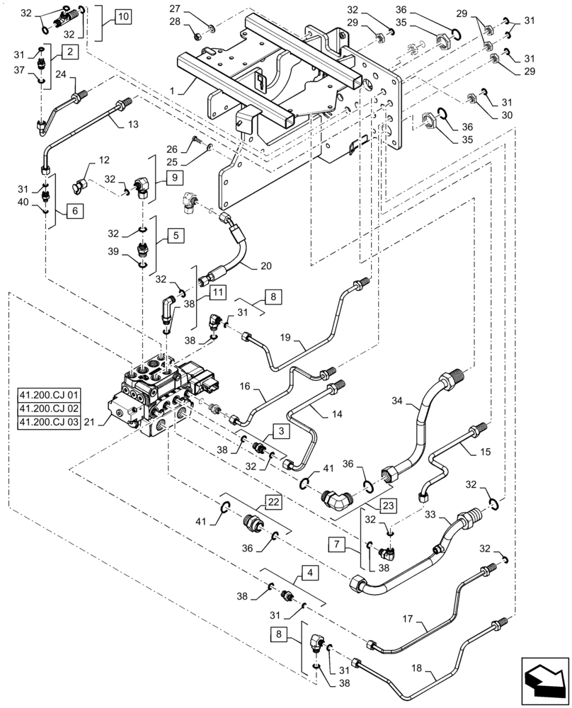 Схема запчастей Case IH QUADTRAC 500 - (41.200.BD[02]) - STEERING VALVE LINES, ASN ZFF304652 (41) - STEERING