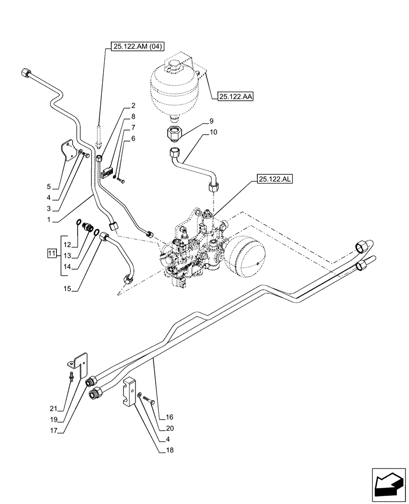 Схема запчастей Case IH PUMA 150 CVT - (25.122.AM[03]) - VAR - 758045, 758046 - SUSPENDED FRONT AXLE - HYD CONTROL VALVE, LINE, CVT (25) - FRONT AXLE SYSTEM