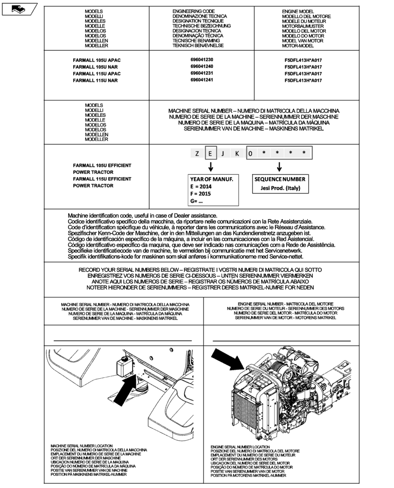 Схема запчастей Case IH FARMALL 105U - (00.100.01) - IDENTIFICATION PLATES AND VERSION LIST (00) - GENERAL & PICTORIAL INDEX
