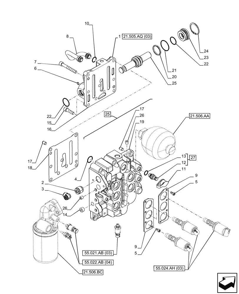 Схема запчастей Case IH PUMA 150 CVT - (21.505.AQ[02]) - VAR - 391138, 758022 - TRANSMISSION CONTROL VALVE (21) - TRANSMISSION