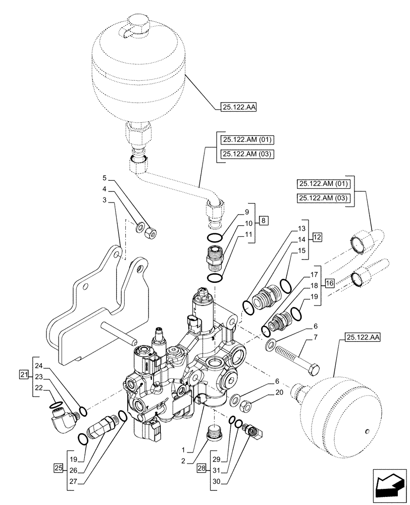 Схема запчастей Case IH PUMA 150 - (25.122.AL) - VAR. 758045, 758046 - SUSPENDED FRONT AXLE - HYD CONTROL VALVE (25) - FRONT AXLE SYSTEM