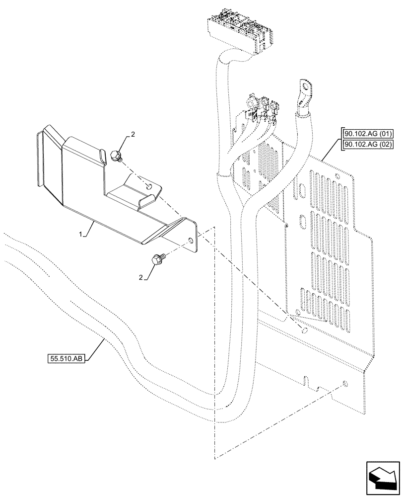 Схема запчастей Case IH PUMA 165 CVT - (90.102.AG[03]) - VAR - 391130 , 392753, 758000 - ENGINE SHIELD, BATTERY CABLE (90) - PLATFORM, CAB, BODYWORK AND DECALS