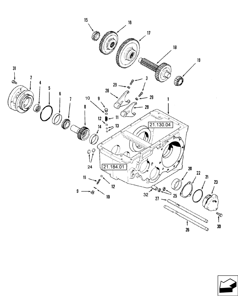 Схема запчастей Case IH 2588 - (21.140.01) - TRANSMISSION ASSY - INPUT SHAFT, GEARS AND SHIFTER RAILS (21) - TRANSMISSION