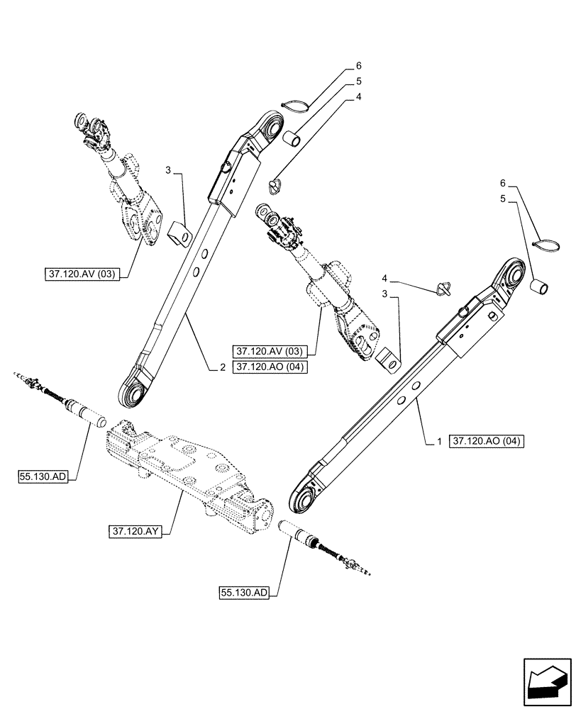 Схема запчастей Case IH PUMA 150 CVT - (37.120.AO[03]) - VAR - 758074, 758079 - 3 POINT HITCH, LOWER LINK (37) - HITCHES, DRAWBARS & IMPLEMENT COUPLINGS