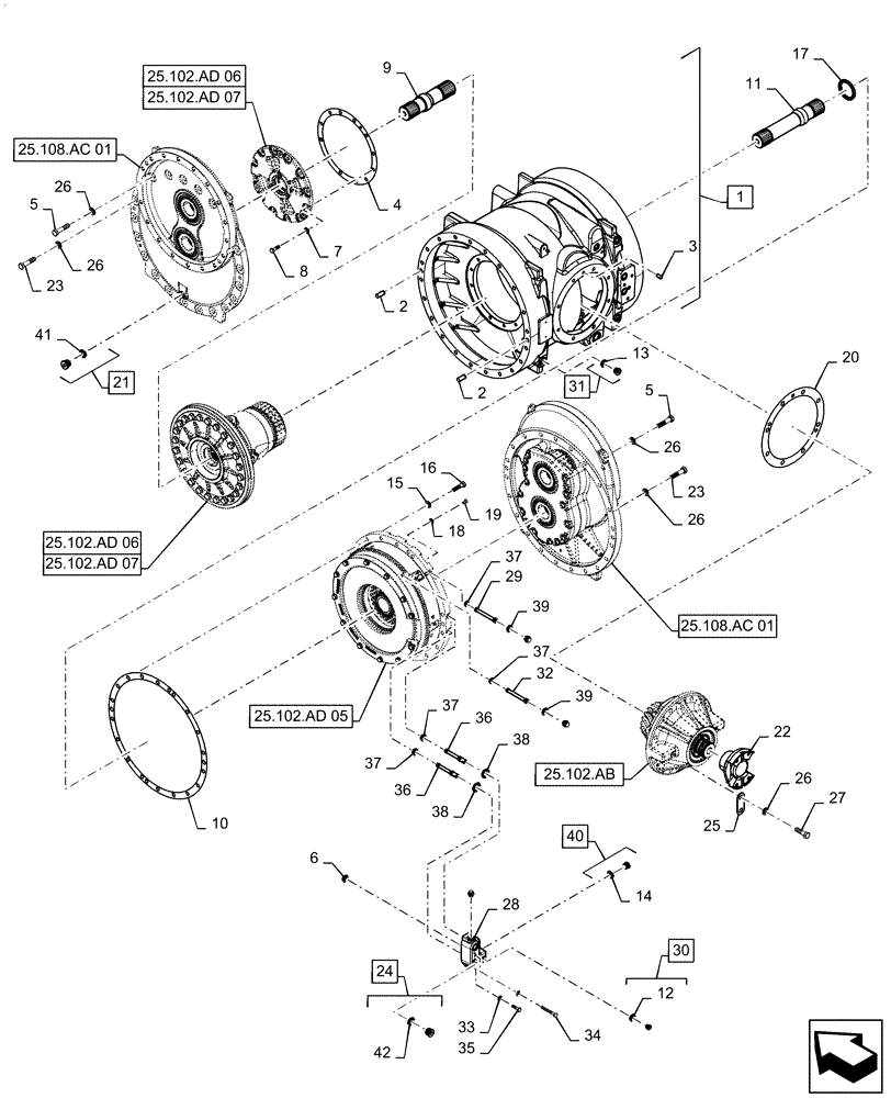 Схема запчастей Case IH QUADTRAC 540 - (25.102.AD[02]) - FRONT AXLE CARRIER. 450, 470, 500, 540, AFTER AXLE SN AJB0298121 (25) - FRONT AXLE SYSTEM