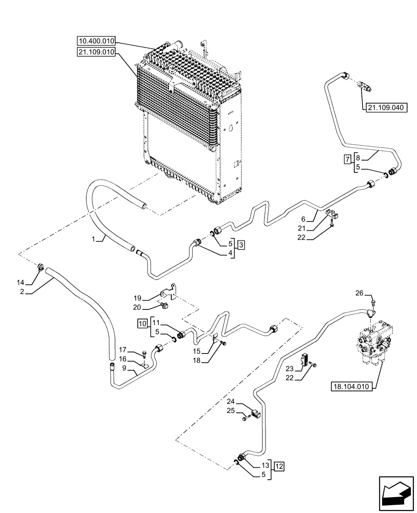 Схема запчастей Case IH FARMALL 120U - (21.109.030) - VAR - 337707, 758604 - TRANSMISSION, COOLING SYSTEM LINE (21) - TRANSMISSION