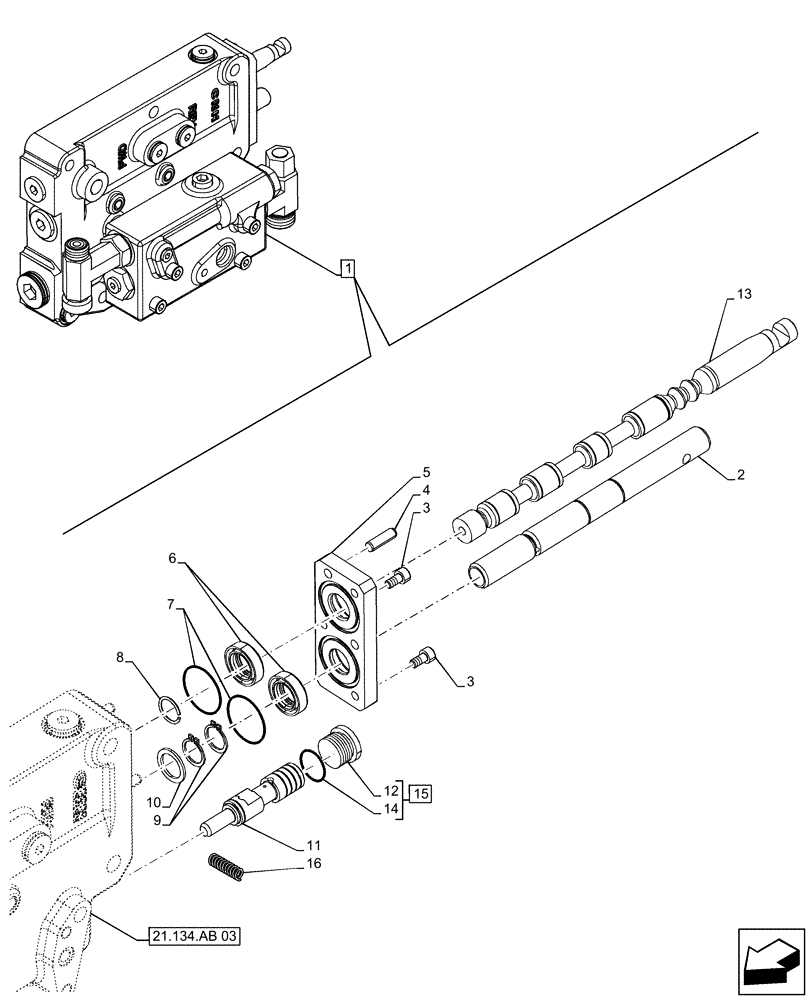 Схема запчастей Case IH FARMALL 125A - (21.134.AB[04]) - TRANSMISSION CONTROL VALVE, POWERSHUTTLE, COMPONENTS (21) - TRANSMISSION