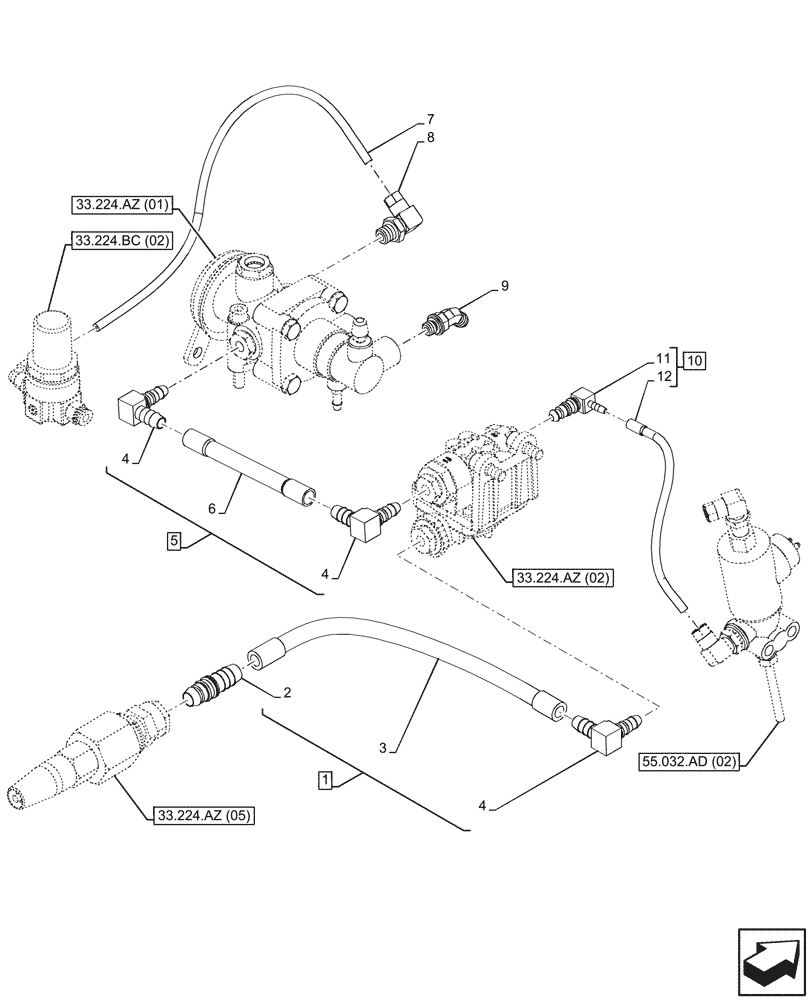 Схема запчастей Case IH PUMA 165 - (33.224.AZ[04]) - VAR - 758038, 758039, 758043, 758044 - PNEUMATIC TRAILER BRAKE, PIPE (33) - BRAKES & CONTROLS