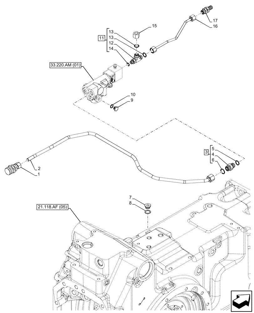 Схема запчастей Case IH PUMA 150 - (33.220.AC[09]) - VAR - 758037, 758039, 758044 - TRAILER BRAKE VALVE, LINE, UNIVERSAL (33) - BRAKES & CONTROLS