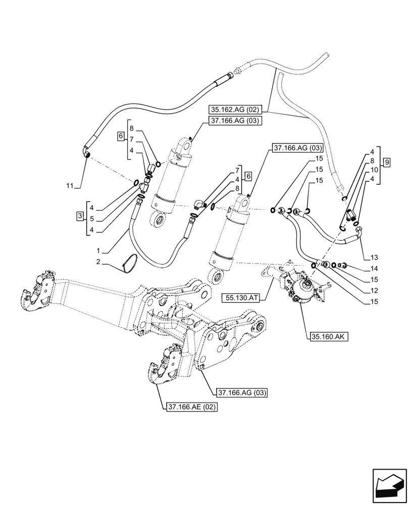 Схема запчастей Case IH PUMA 165 CVT - (35.162.AG[01]) - VAR - 758088, 758089, 758090, 758091, 758092, 758093, 758245, 758246, 758247 - 3 POINT HITCH, FRONT, INTEGRATED HYDRAULIC LIFT, CYLINDER, LINE (35) - HYDRAULIC SYSTEMS