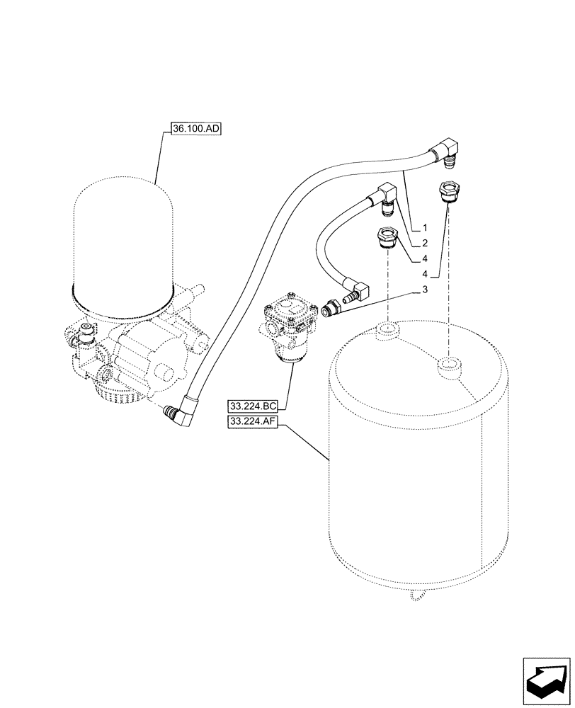 Схема запчастей Case IH PUMA 150 - (33.224.AC) - VAR - 758038, 758039, 758041, 758042, 758043, 758044 - PNEUMATIC TRAILER BRAKE, AIR TANK, LINE (33) - BRAKES & CONTROLS