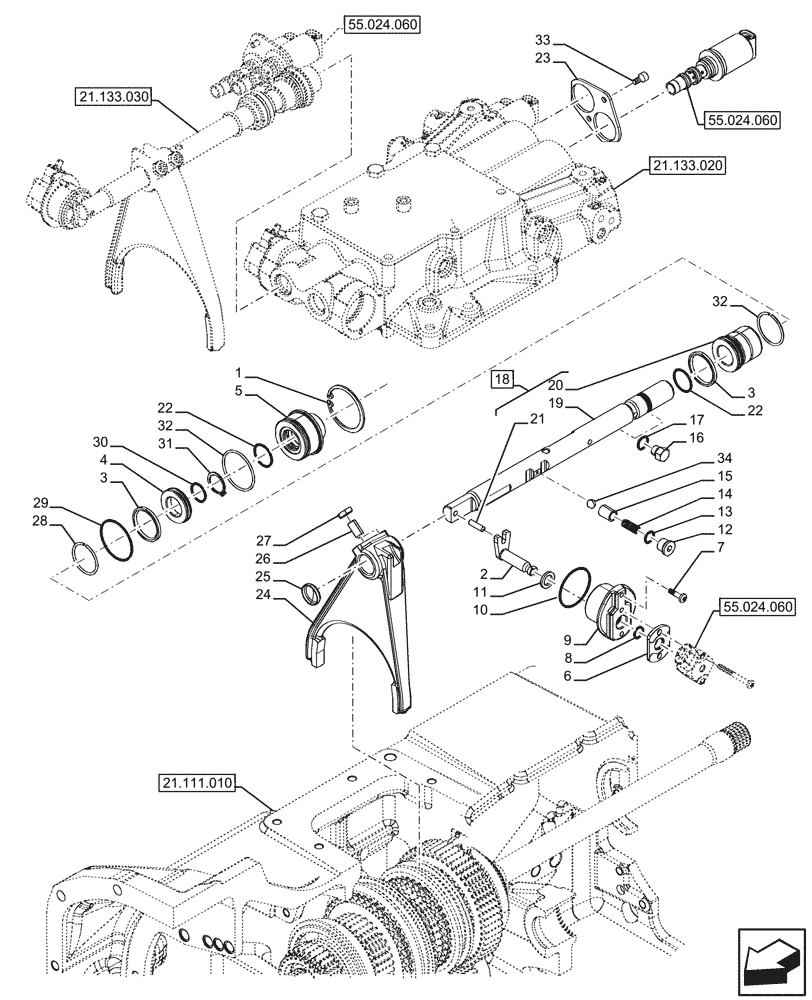 Схема запчастей Case IH FARMALL 110U - (21.133.040) - VAR - 334114, 334117, 334775, 334779, 334780, 390430 - TRANSMISSION, SEMI-POWERSHIFT, EXTERNAL CONTROL, ROD & FORKS (21) - TRANSMISSION