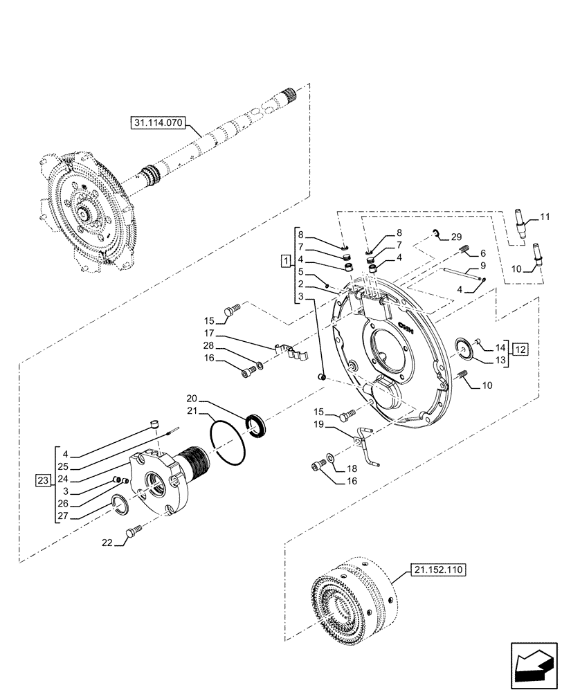 Схема запчастей Case IH FARMALL 120U - (21.152.100) - VAR - 334114, 334117, 334775, 334779, 334780, 390430 - TRANSMISSION, SEMI-POWERSHIFT, INTERNAL, COMPONENTS, GEAR, HI-LO (21) - TRANSMISSION