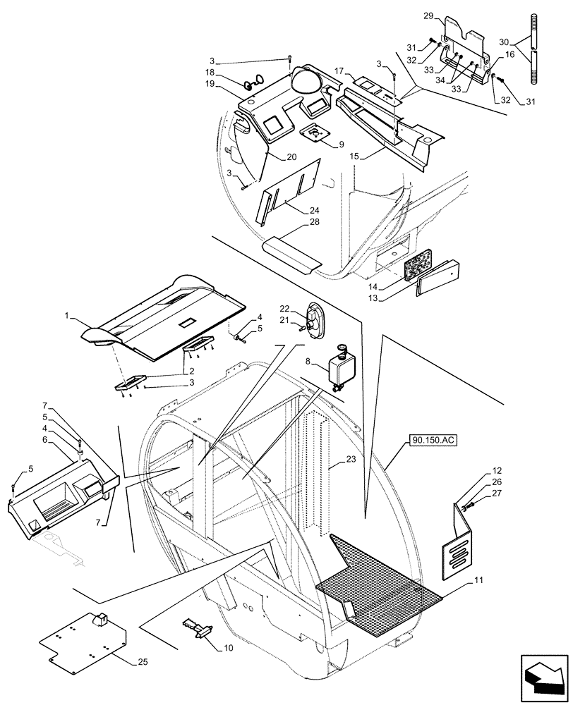 Схема запчастей Case IH FARMLIFT 525 - (90.150.AD[02]) - CAB FRAME, (SEE FIGURE NOTE FOR S/N BREAK T. TYPE) (90) - PLATFORM, CAB, BODYWORK AND DECALS