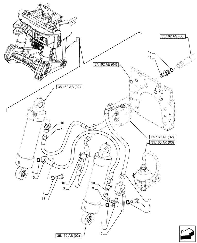 Схема запчастей Case IH PUMA 240 CVT - (35.162.AG[02]) - VAR - 758091, 758245 - 3 POINT HITCH, FRONT, W/ PTO, W/O COUPLING, CYLINDER, LINE (35) - HYDRAULIC SYSTEMS