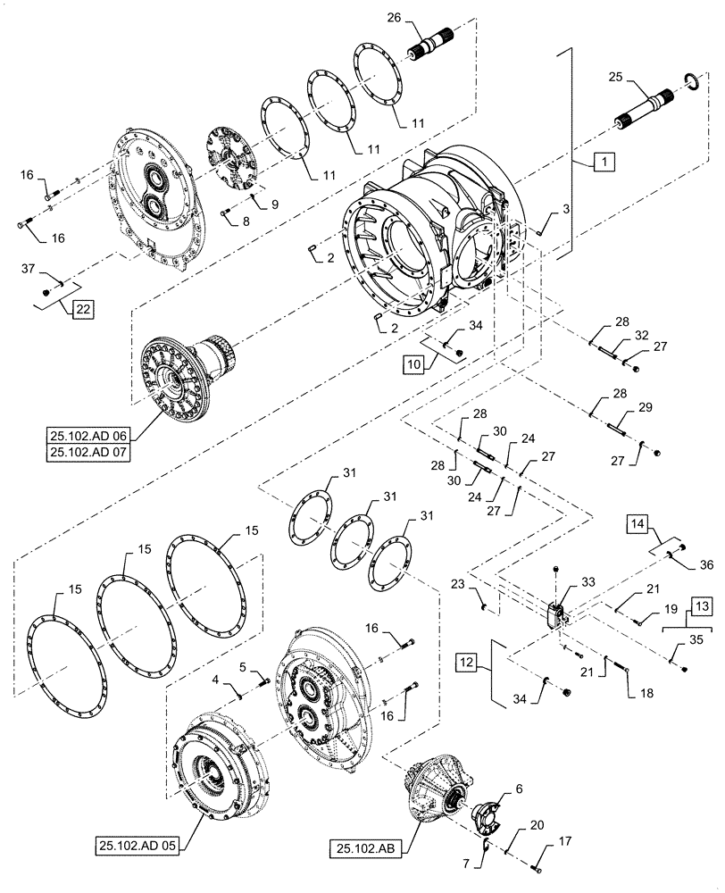 Схема запчастей Case IH QUADTRAC 540 - (25.102.AD[01]) - FRONT AXLE CARRIER. 450, 470, 500, 540, BEFORE AXLE SN AJB0298120 (25) - FRONT AXLE SYSTEM