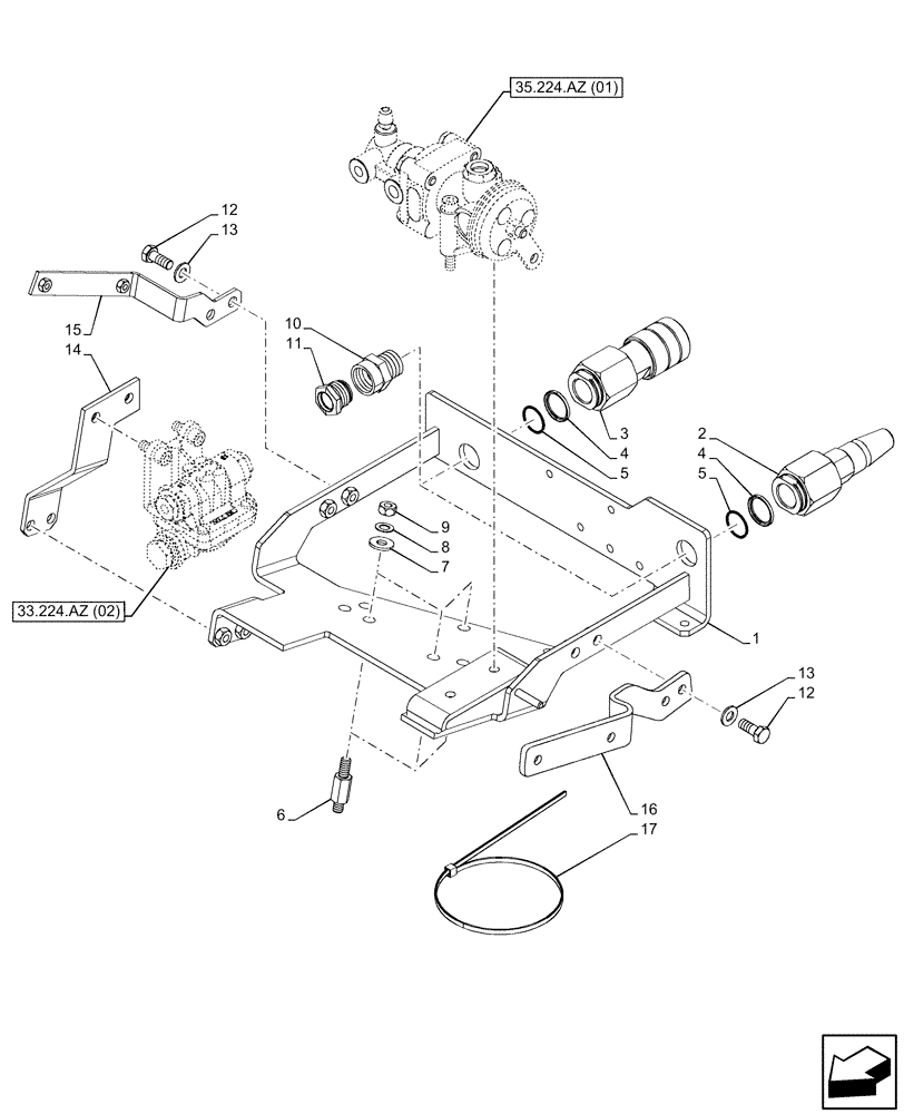 Схема запчастей Case IH PUMA 150 - (33.224.AZ[05]) - VAR - 758043, 758044 - PNEUMATIC TRAILER BRAKE, BRACKET (33) - BRAKES & CONTROLS