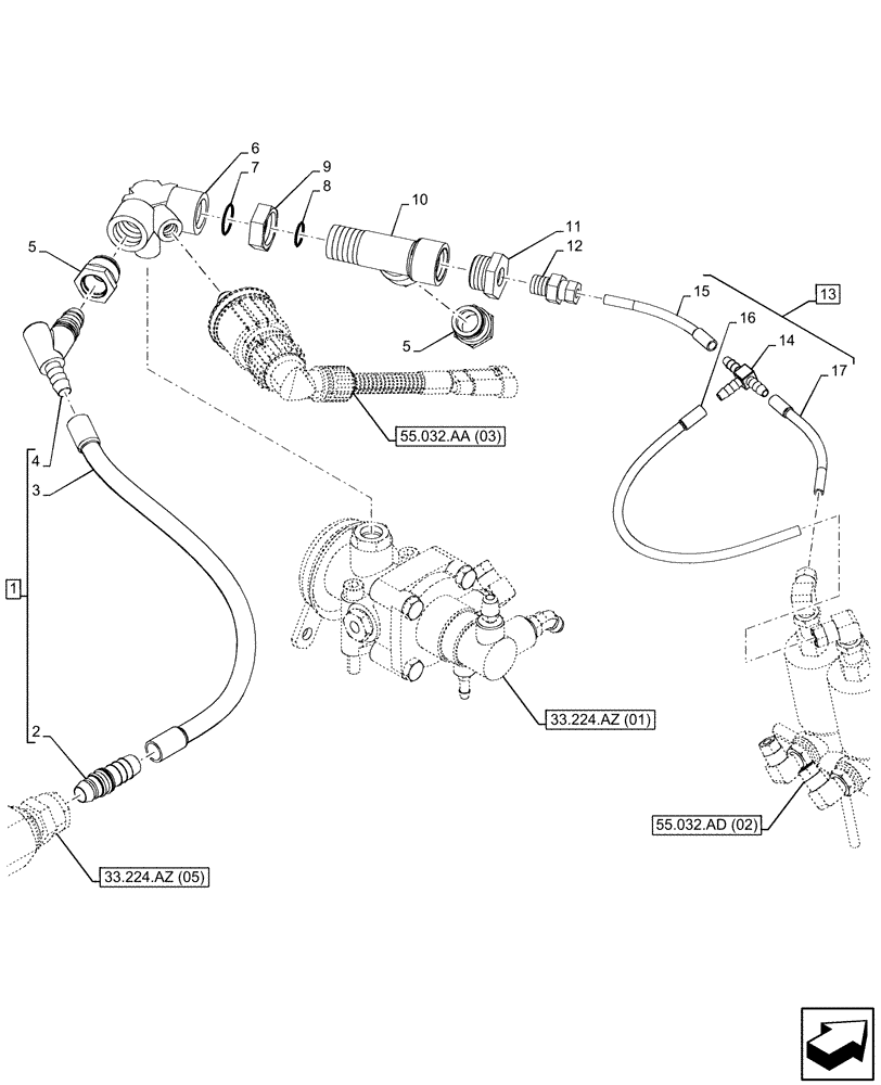 Схема запчастей Case IH PUMA 150 - (33.224.AZ[03]) - VAR - 758038, 758039, 758043, 758044 - PNEUMATIC TRAILER BRAKE, PIPE (33) - BRAKES & CONTROLS