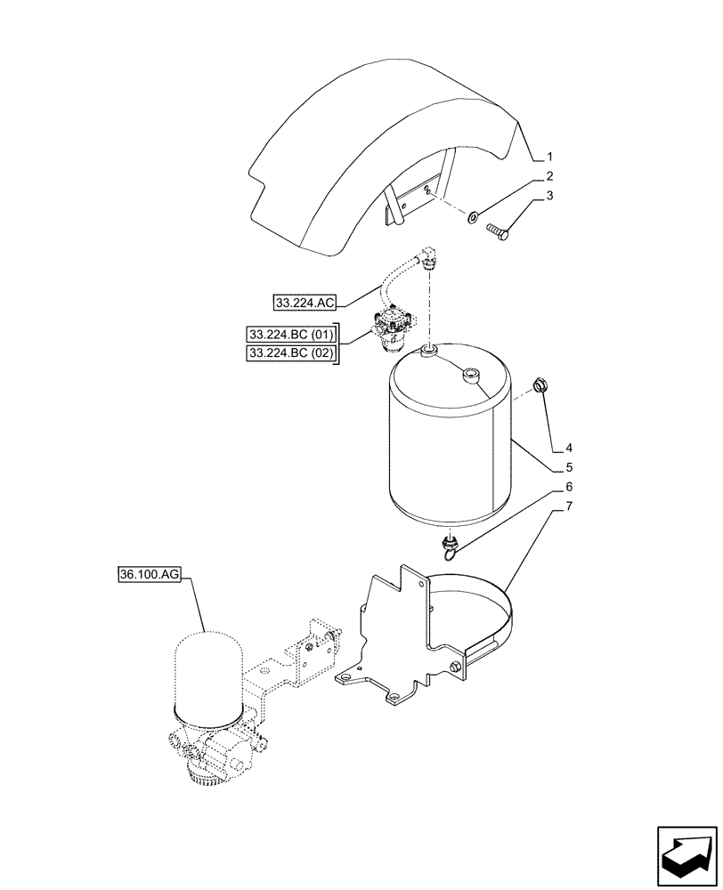Схема запчастей Case IH PUMA 200 - (33.224.AF) - VAR - 758038, 758039, 758041, 758042, 758043, 758044 - PNEUMATIC TRAILER BRAKE, AIR TANK (33) - BRAKES & CONTROLS