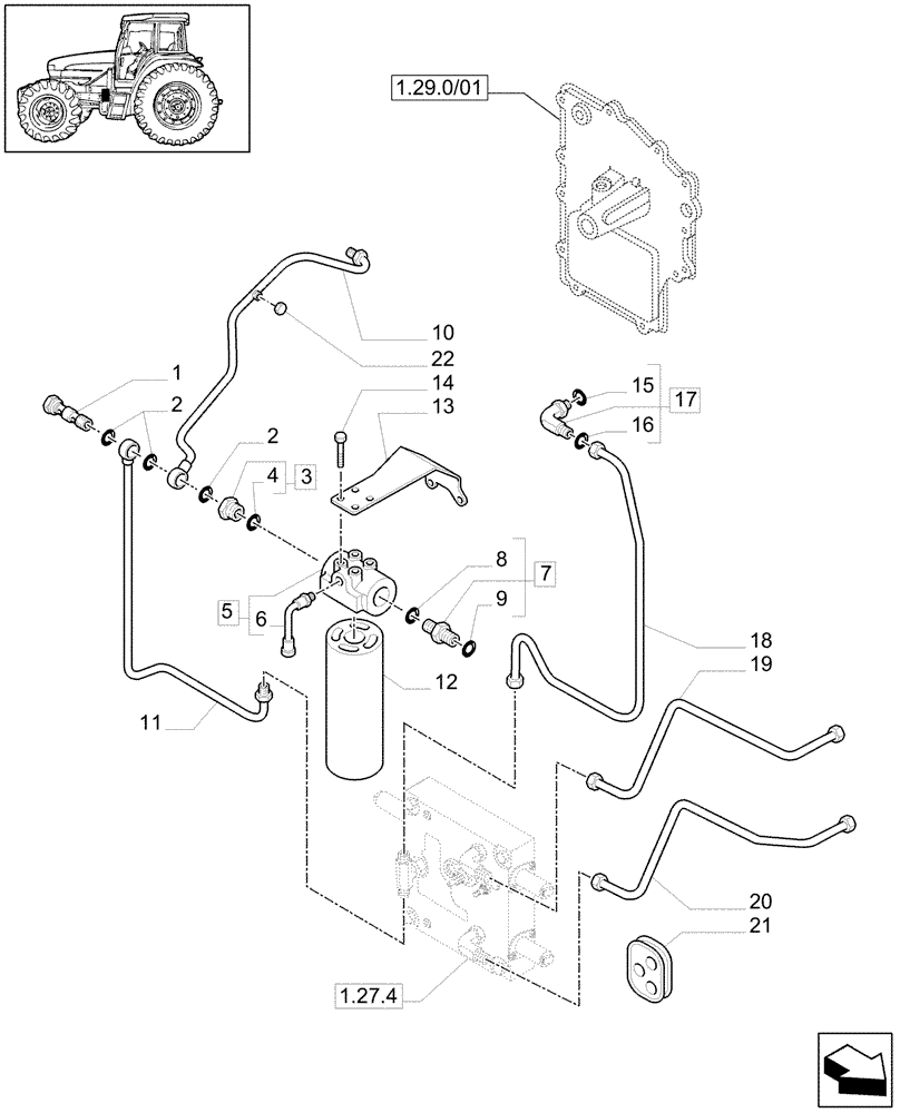 Схема запчастей Case IH MAXXUM 110 - (1.29.6/02[01A]) - 63 L/MIN FIXED DISPLACEMENT PUMP FOR EDC AND 24X24 - PIPES AND FILTER - D6741 (VAR.330824) (03) - TRANSMISSION