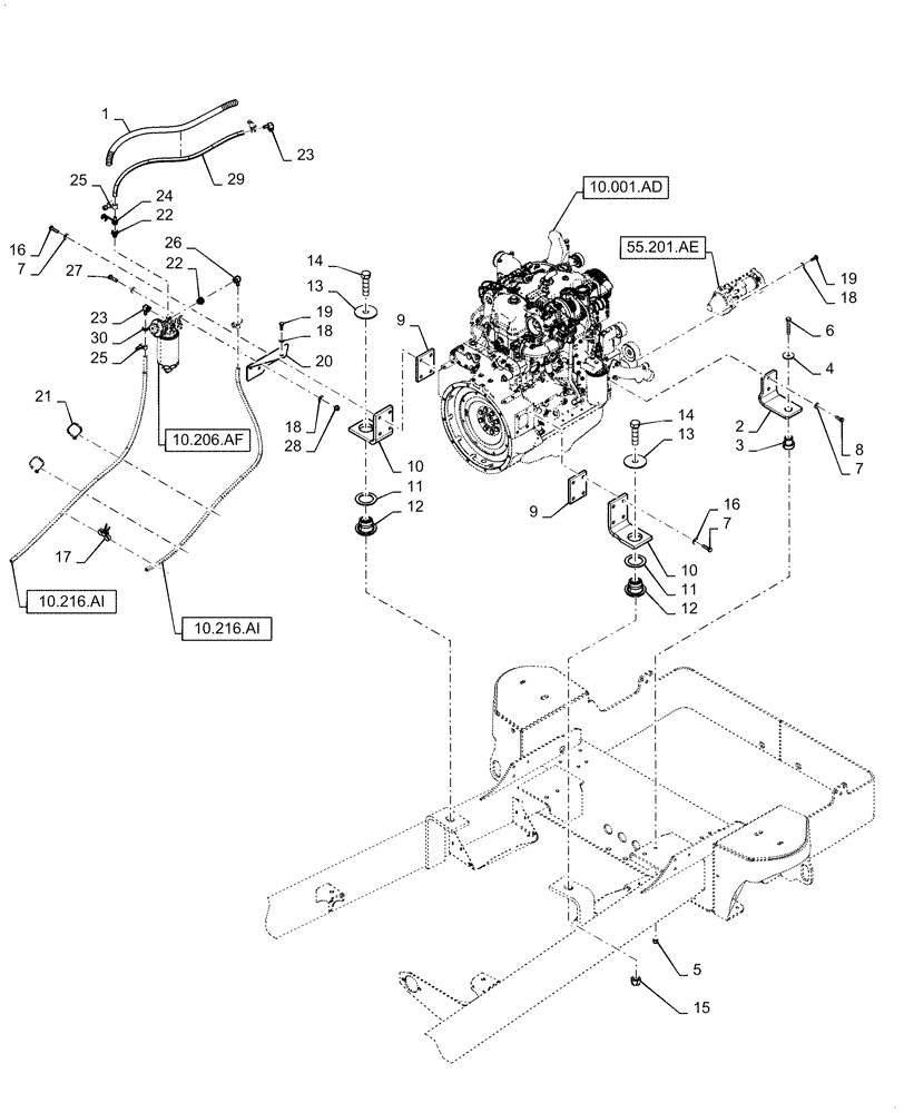 Схема запчастей Case IH WD1504 - (10.001.AK) - ENGINE MOUNT, 4 CYLINDER (10) - ENGINE