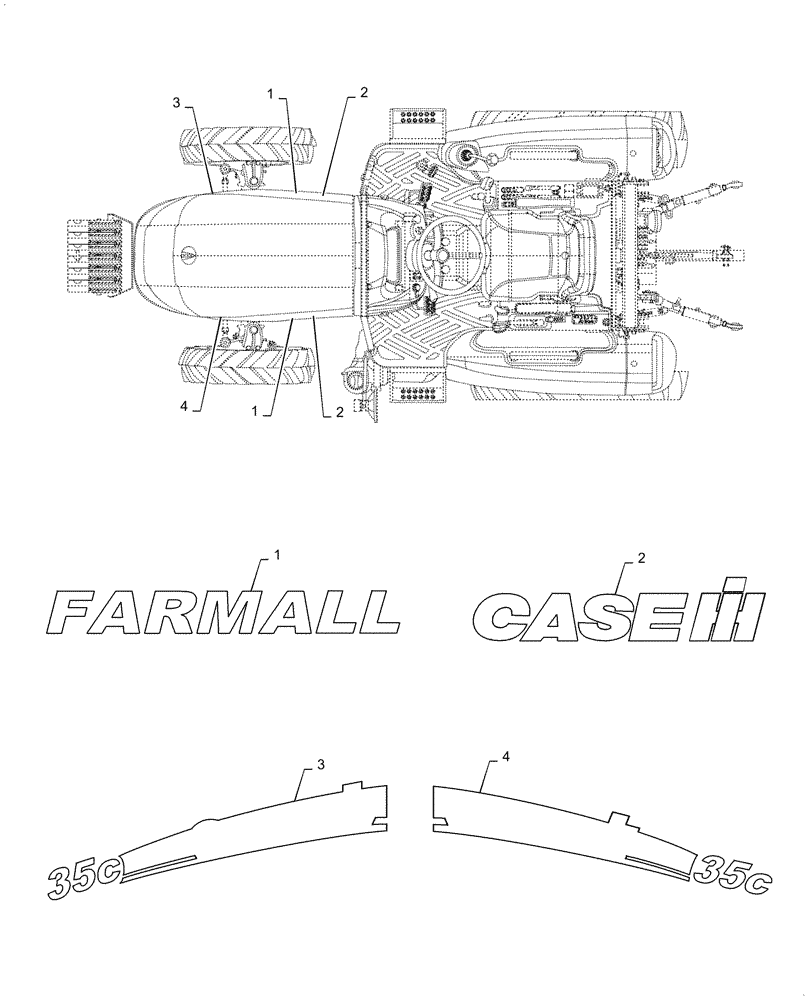 Схема запчастей Case IH FARMALL 35C - (90.108.AB) - MODEL DECALS (90) - PLATFORM, CAB, BODYWORK AND DECALS