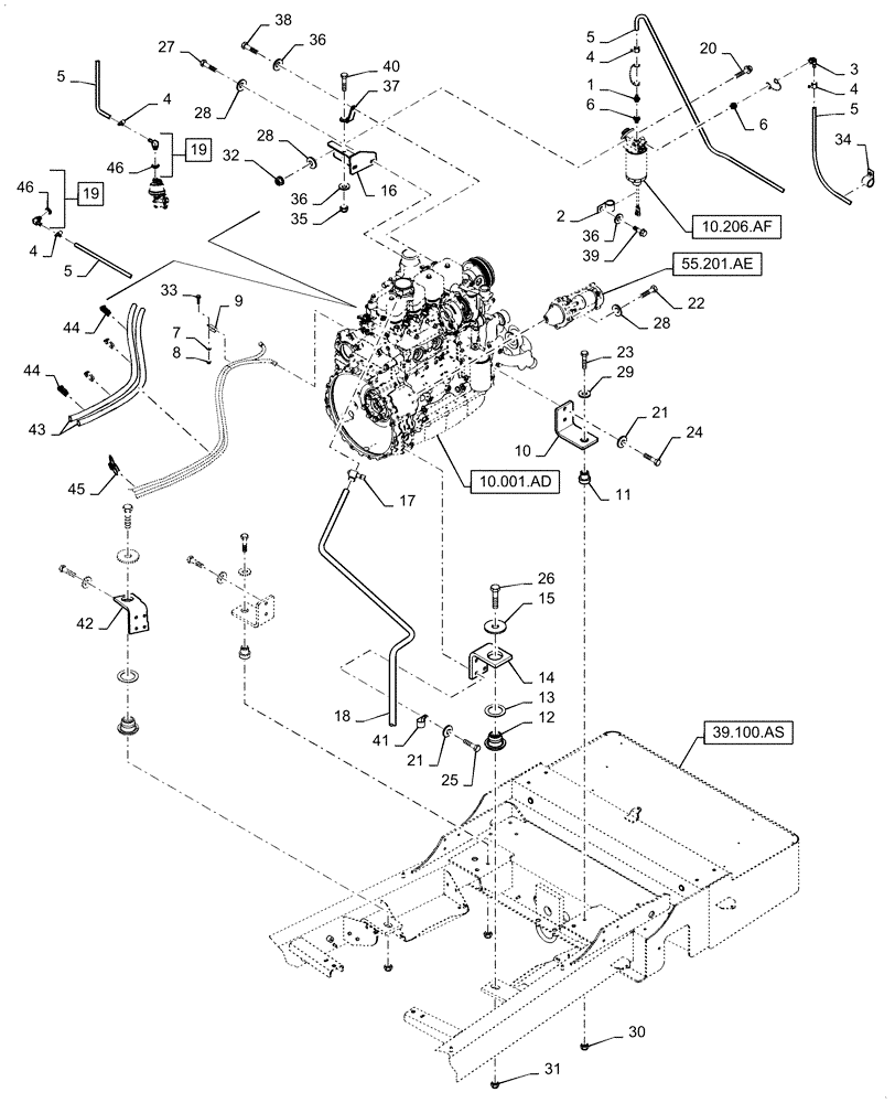 Схема запчастей Case IH WD1204 - (10.001.AK) - ENGINE MOUNT, 4 CYLINDER (10) - ENGINE
